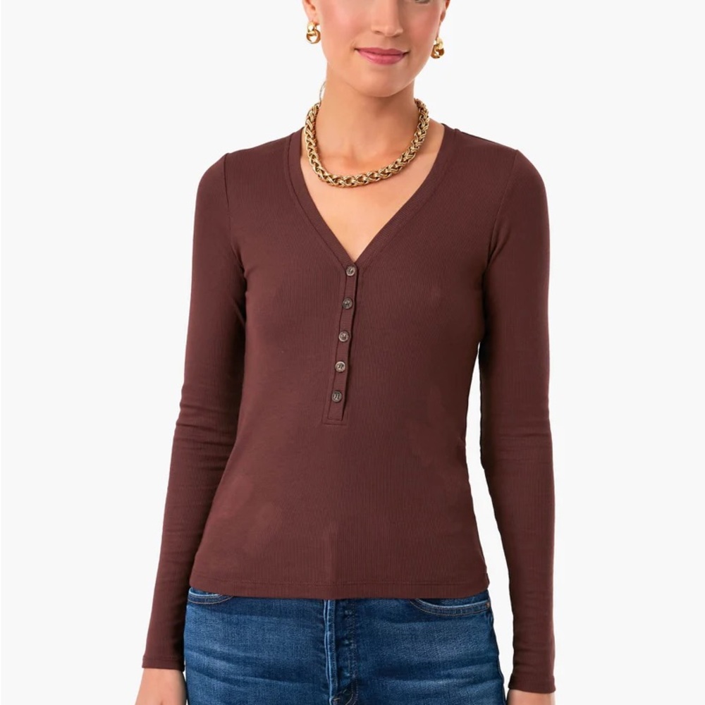Marine Layer Lexi Rib V-Neck Henley in Cappuccino
